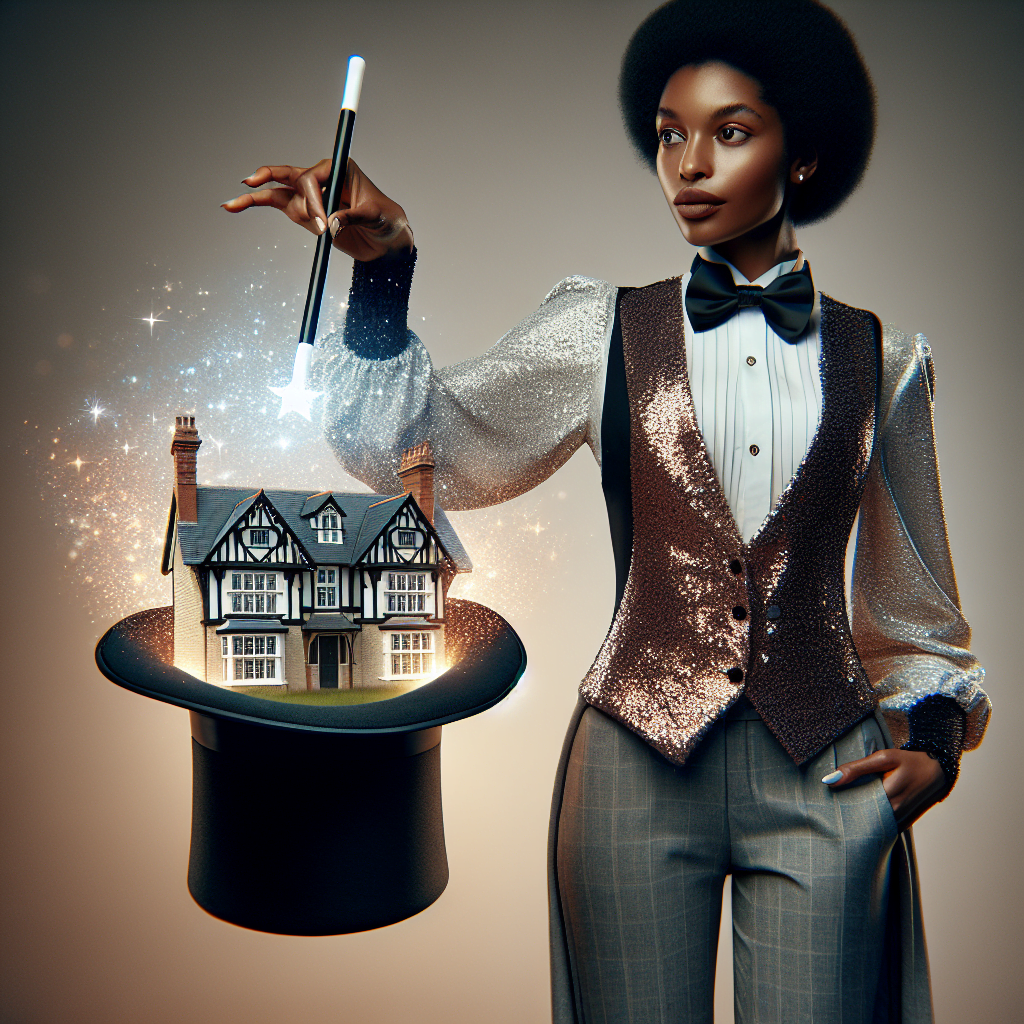 a magician with a magic wand and a top hat pulling a house out of the hat