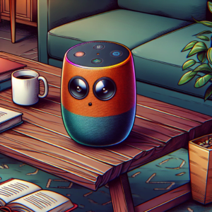cartoon smart speaker sitting on a coffee table