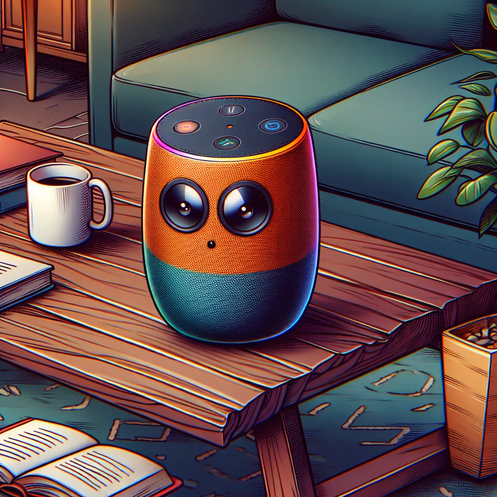 cartoon smart speaker sitting on a coffee table