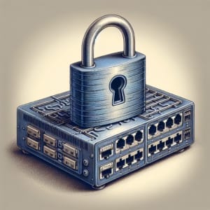 network switch with a padlock over it no writing